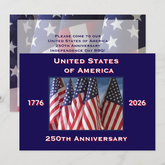 Invitation 4 juillet Barbeque, USA 250e anniversaire, drapeau (Devant / Derrière)