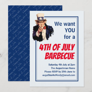 Invitation 4 juillet BBQ BARBECUE Oncle Sam Customisé