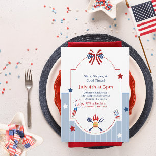 Invitation 4 juillet BBQ Rouge Blanc Bleu Rayures Patriotique