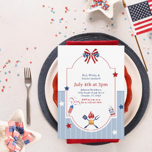Invitation 4 juillet BBQ Rouge Blanc Bleu Rayures Patriotique