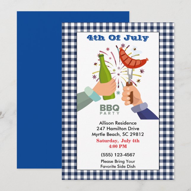 Invitation 4 juillet Bière et Franks BBQ Picnic Party Invit (Devant / Derrière)