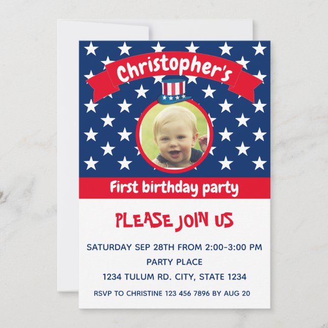 Invitation 4 juillet | Blanc rouge et bleu | 1er anniversaire (Devant)