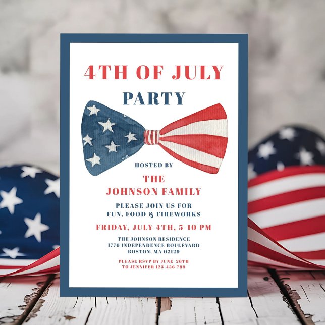 Invitation 4 juillet Bow Rouge, Blanc Et Bleu (Red, White And Blue Bow 4th Of July Invitation)