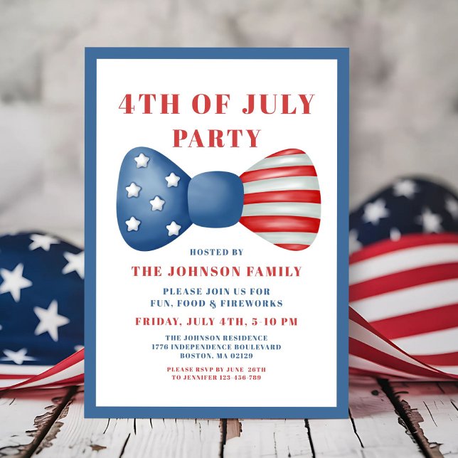 Invitation 4 juillet Bow Rouge, Blanc Et Bleu (Red, White And Blue Bow 4th Of July Invitation)
