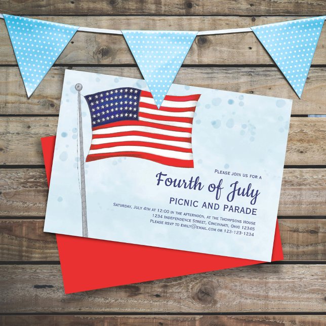 Invitation 4 juillet Drapeau rouge blanc et bleu personnalisé (Celebrate the Fourth of July in Style with this watercolor custom invitation. )