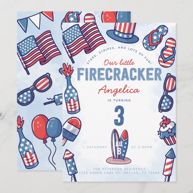 Invitation 4 juillet fête d'anniversaire (Devant / Derrière)