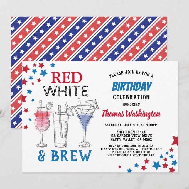 Invitation 4 juillet fête d'anniversaire adulte (Devant / Derrière)