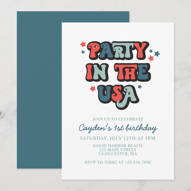 Invitation 4 juillet Fête d'anniversaire aux Etats-Unis (Devant / Derrière)