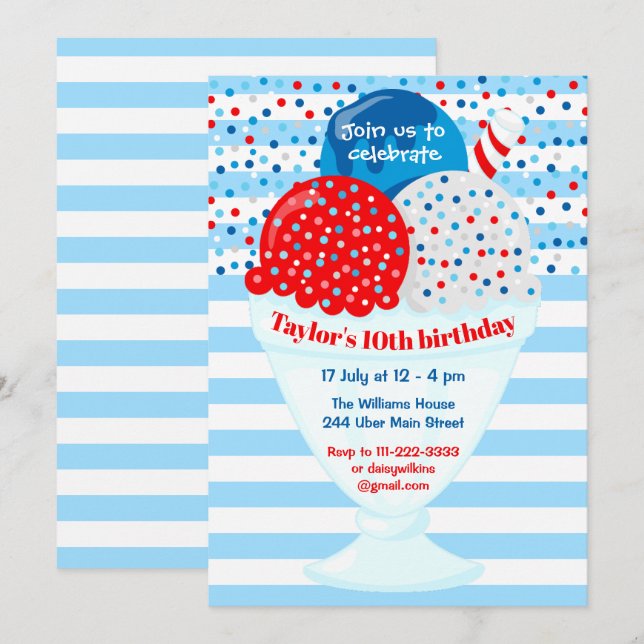 Invitation 4 juillet Fête d'anniversaire de la crème glacée (Devant / Derrière)