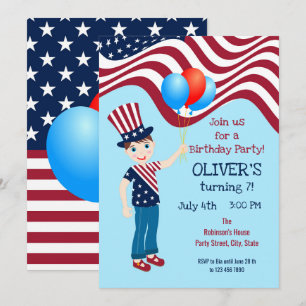Invitation 4 juillet Fête d'anniversaire du garçon patriotiqu