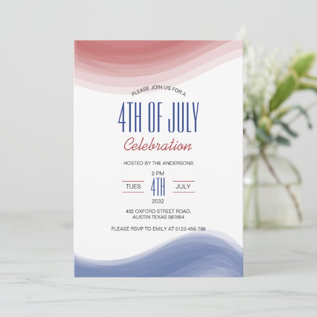Invitation 4 juillet Fête Rouge Bleu Art Moderne (Debout devant)