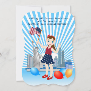 Invitation 4 juillet Fille anniversaire avec drapeau américai