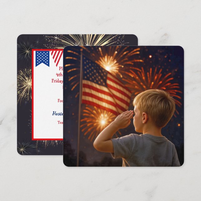 Invitation 4 juillet Garçon salut le drapeau (Devant / Derrière)