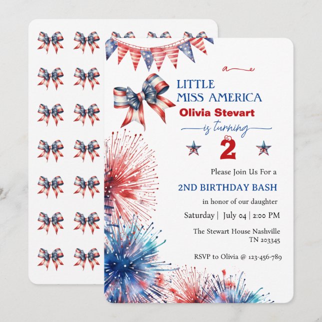 Invitation 4 juillet Little miss America 2e anniversaire (Devant / Derrière)