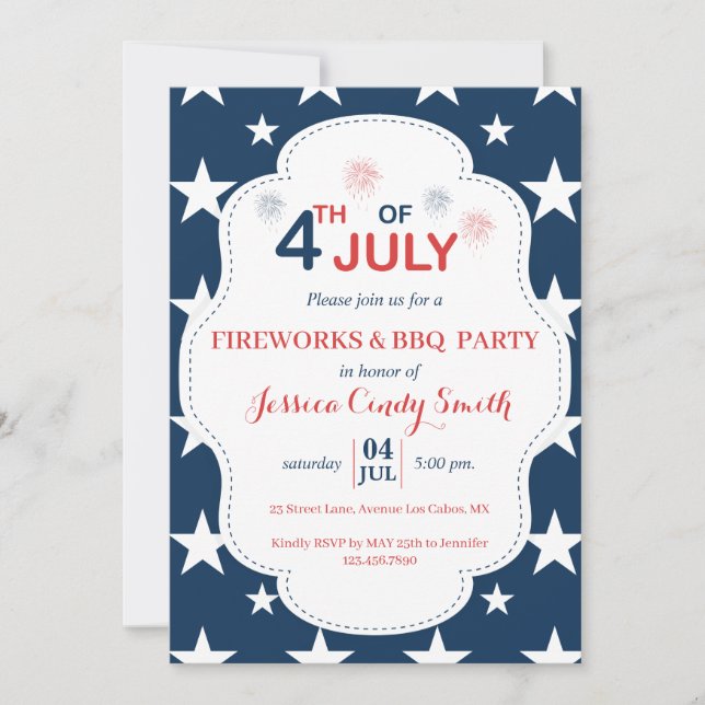 Invitation 4 juillet moderne Fireworks Stars Barbecue (Devant)
