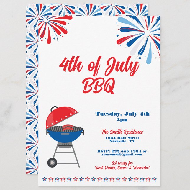 Invitation 4 juillet Parti BBQ Patriotique Rouge Blanc Bleu (4th of July BBQ Party Invitation, Fourth of July Cookout, Patriotic Red White & Blue)