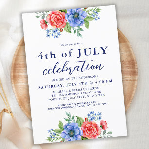Invitation 4 juillet Parti patriotique Floral Rouge Bleu Blan