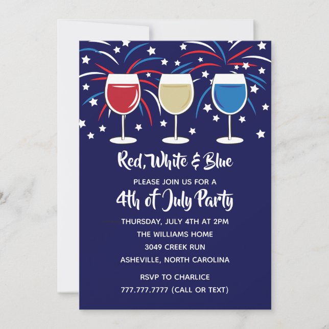 Invitation 4 juillet partie blanche et bleue de vin rouge (Devant)