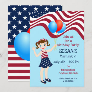 Invitation 4 juillet Patriotic Gir Anniversaire Fête Invitati