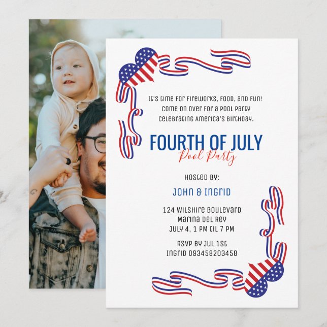 Invitation 4 juillet Pool Party Rouge, Bleu et Blanc Invi (Devant / Derrière)