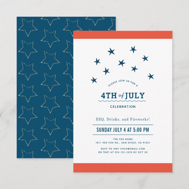 Invitation 4 juillet Red & Blue Stars Party (Devant / Derrière)