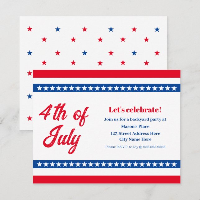 Invitation 4 juillet Red White et Blue Stars et Stripes (Devant / Derrière)