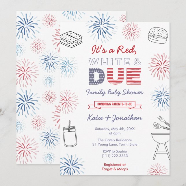 Invitation 4 juillet Rouge Blanc dû Famille Baby shower à (Devant / Derrière)