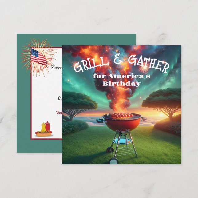 Invitation 4 juillet soirée barbecue avec grill et feux d'art (Devant / Derrière)