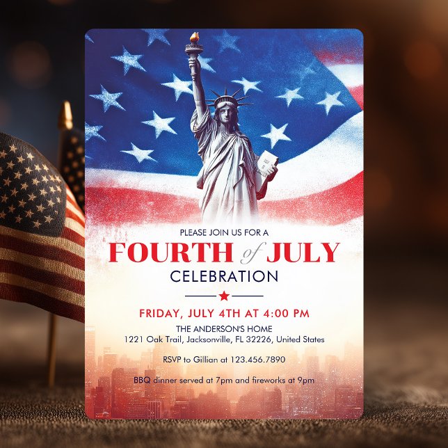 Invitation 4 juillet Statue de la Liberté & USA Drapeau Art V (July 4th Statue of Liberty & USA Flag Vintage Art Invitation)