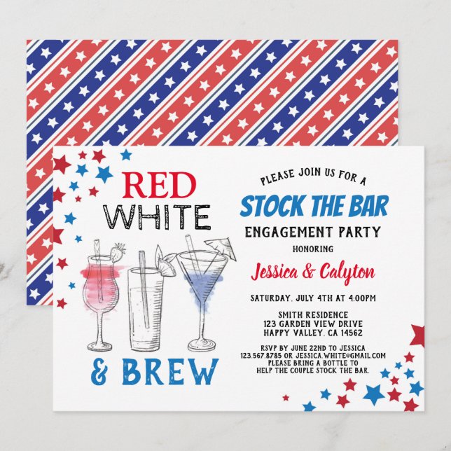 Invitation 4 juillet Stock The Bar Engagement Party (Devant / Derrière)