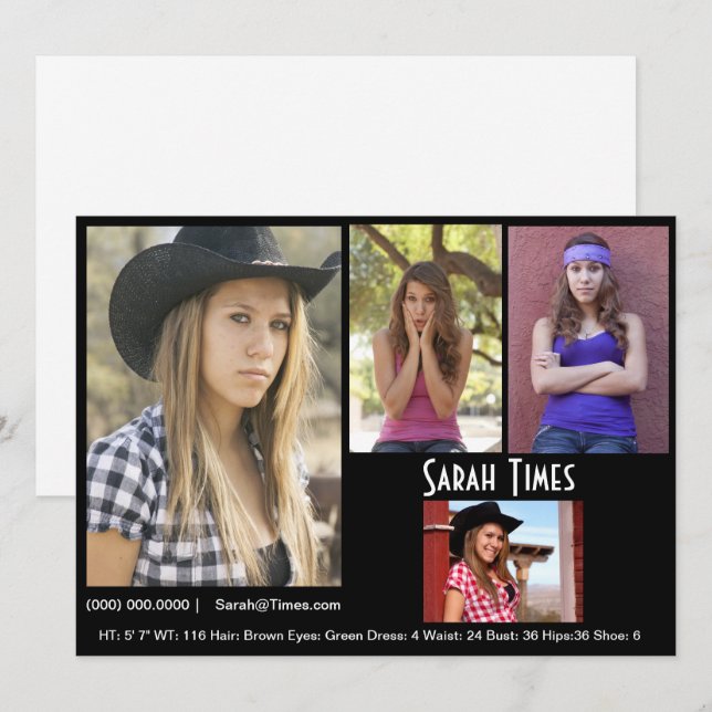 Invitation 4 Modèle photo Acteur Comp Card Modèle noir (Devant / Derrière)