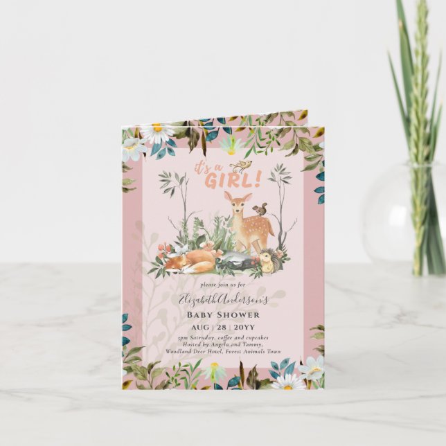 Invitation 4 page FILLES adorables Baby shower de cerfs de bo (Devant)