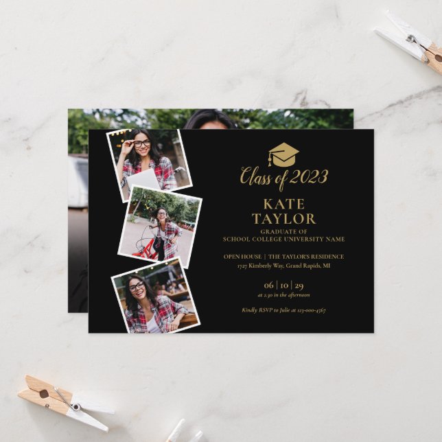 Invitation 4 Photo Collage Black And Gold Graduation Party (Devant/Arrière en situation)