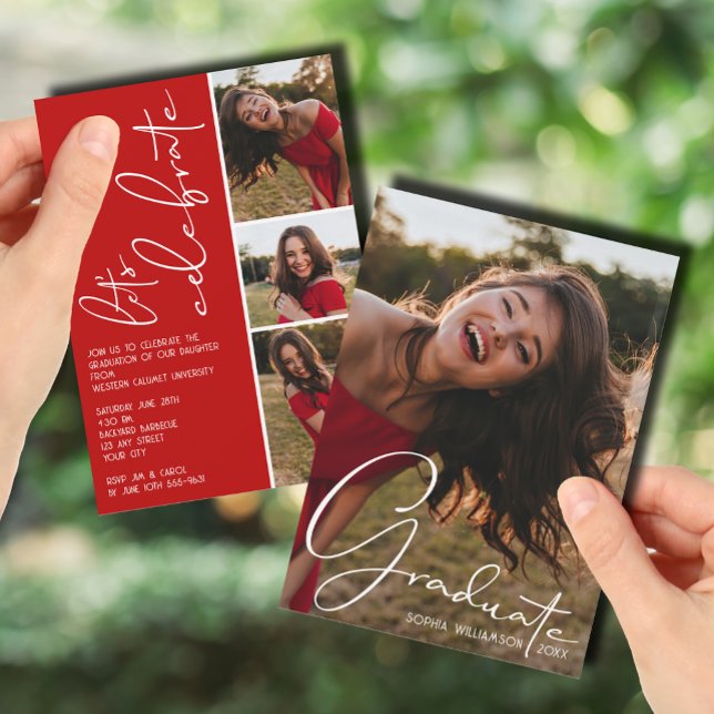 Invitation 4 Photo Collage Graduation Scarlet Red (4 Photo Collage Graduation Scarlet Red Invitations)