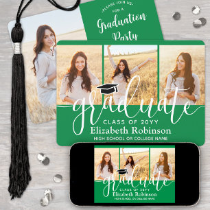 Invitation 4 Photo Green and White Script Graduation Party