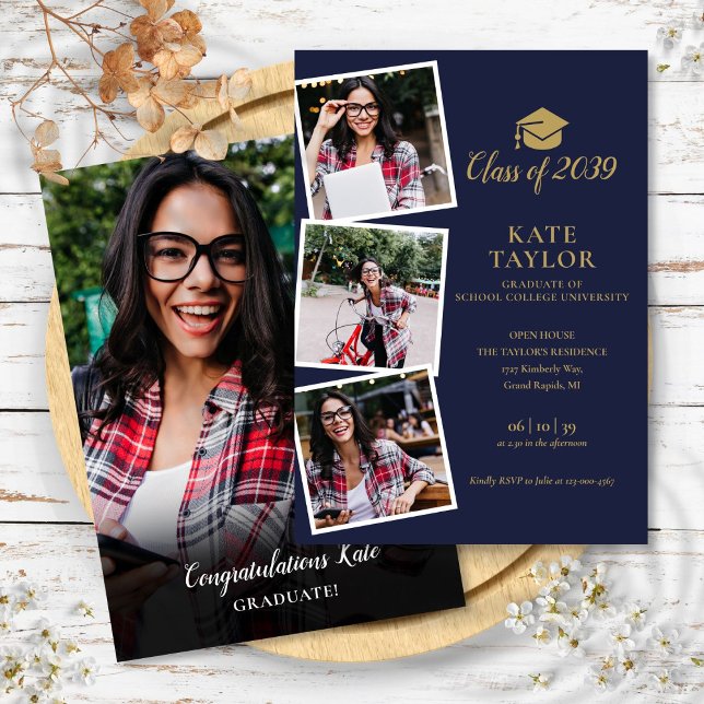 Invitation 4 Photo Marine Blue Gold Graduation Party (4 Photo Navy Blue Gold Graduation Party Invitation)