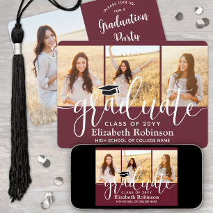 Invitation 4 Photo Maroon et White Script Graduation Party