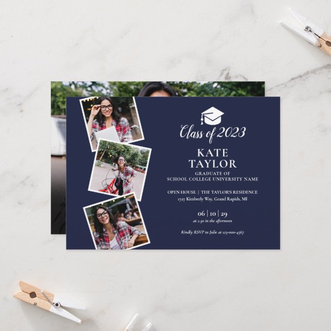 Invitation 4 Photo Navy Blue Graduation Party (Devant/Arrière en situation)