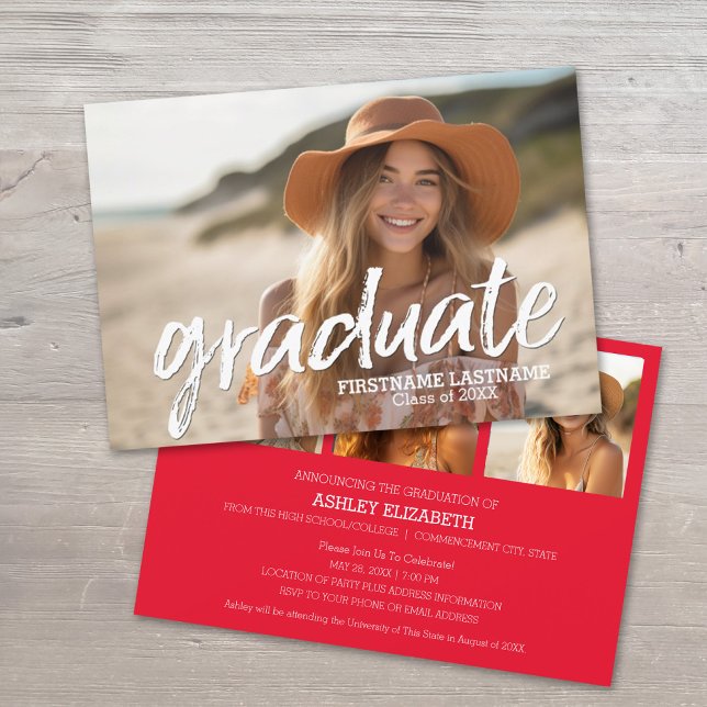 Invitation 4 Photo Red Graduation Annonce et fête (Graduation Announcement with Party Invite and 3 Photos)