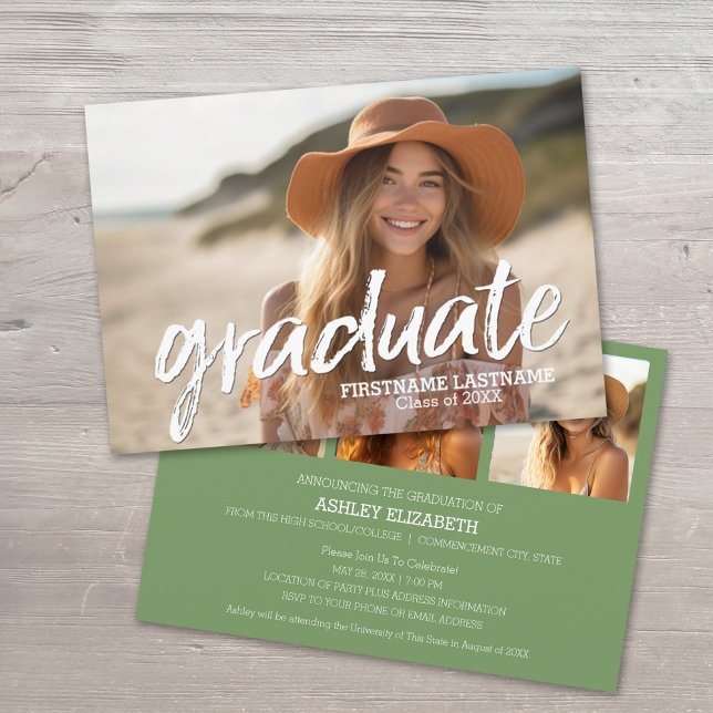 Invitation 4 Photo tendance - Green Graduation Party (Graduation Announcement with Party Invite and 3 Photos)