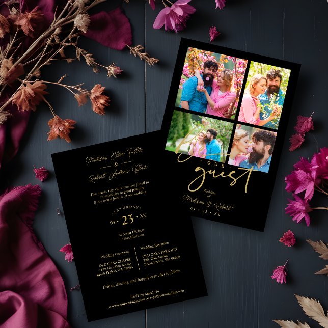 Invitation 4 photos Fake Golden Black Trendy Collage Wedding (4 photos Fake Golden Black Trendy Collage Wedding Invitation Card with Envelope. )