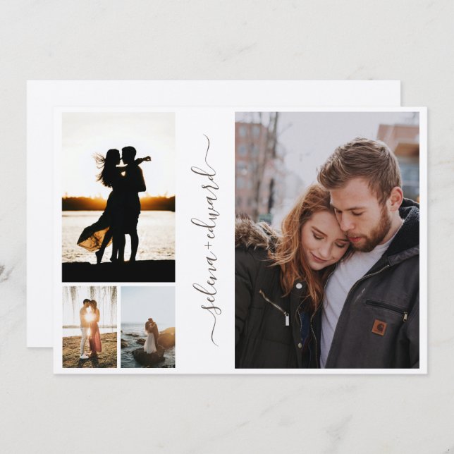 Invitation 4 Photos Grille Métallic Mariage Script Argent (Devant / Derrière)