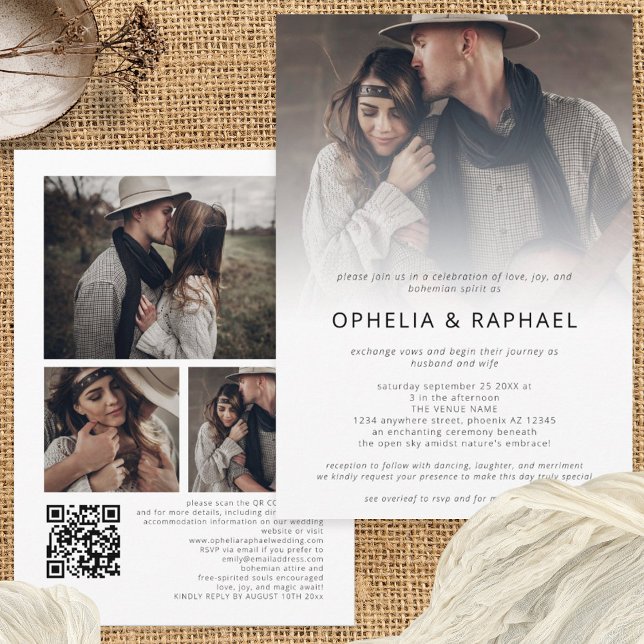 Invitation 4 Photos superposer QR Code Mariage de Bohême (Front and back view)