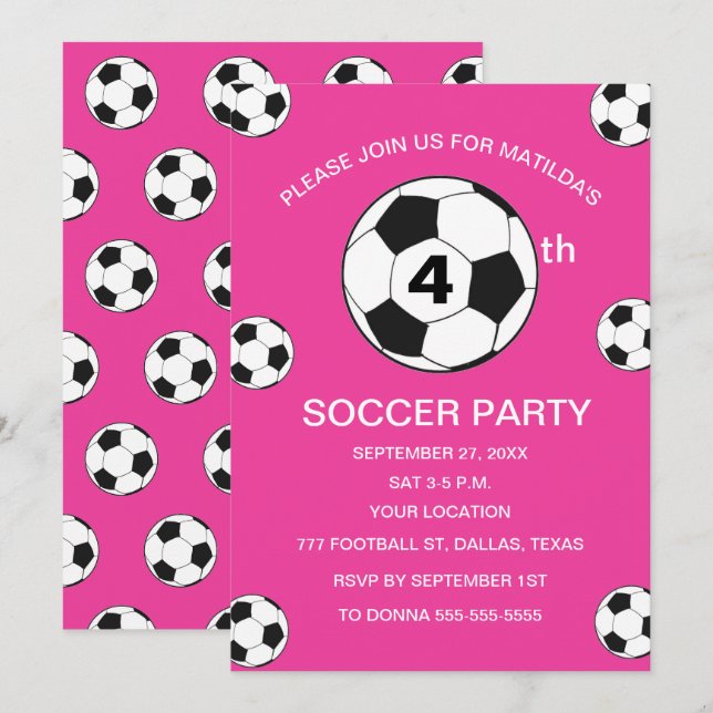 Invitation 4e anniversaire de la fête Football Filles roses S (Devant / Derrière)