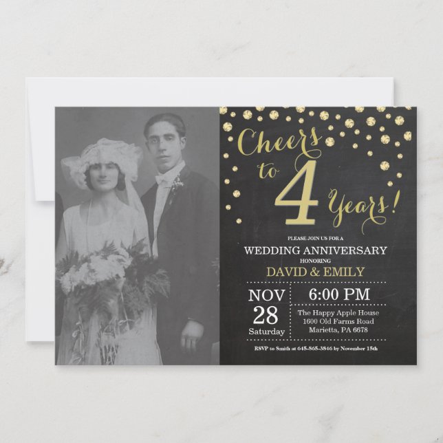 Invitation 4e anniversaire de mariage tableau noir et or (Devant)