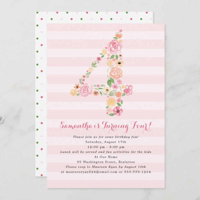 Invitation 4e anniversaire Flores d'aquarelle rose dans le nu (Devant / Derrière)