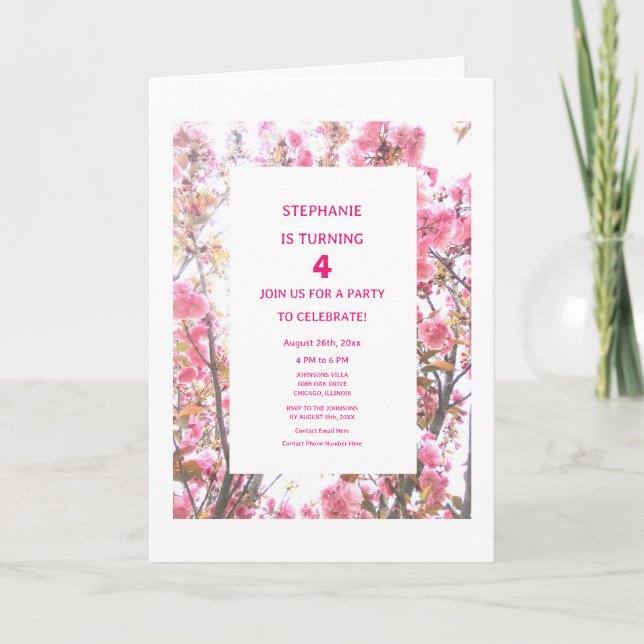 Invitation 4e anniversaire Rose Floral Quatrième âge personna (Devant)