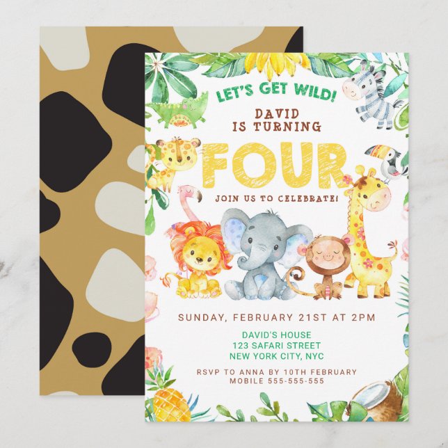 Invitation 4e anniversaire Safari Animaux Jungle Thème Zoo FO (Devant / Derrière)