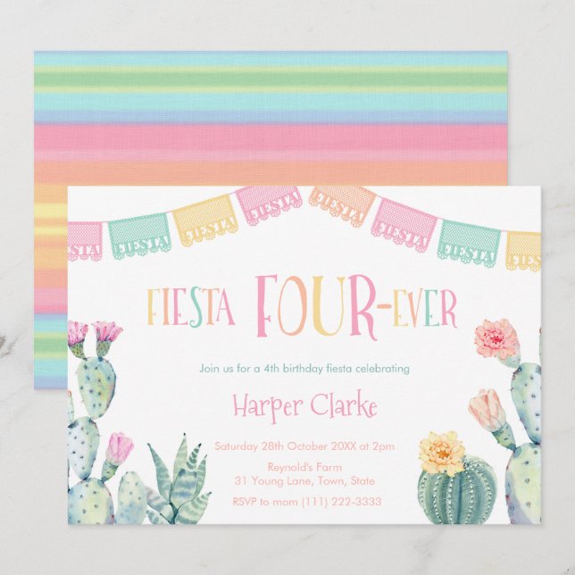 Invitation 4e anniversaire Taco Party - Fiesta FOUR Girl (Devant / Derrière)
