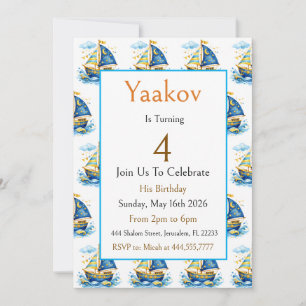 Invitation 4e Anniversaire Voilier Bleu Or Luxe Côté Océan